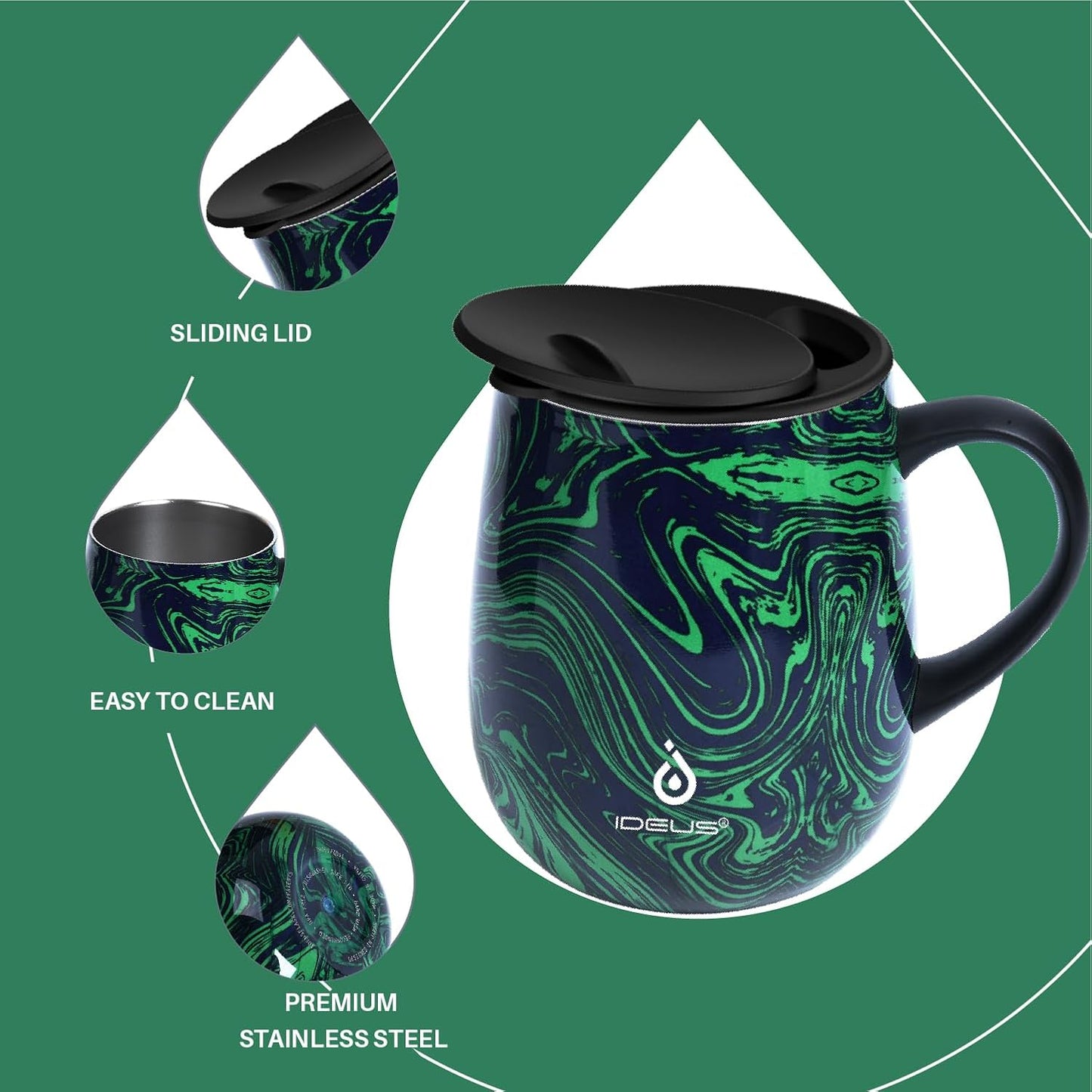 Ideus 16 oz (470 ml) Insulated Coffee Mug with Handle and Lid, Double Wall Stainless Steel Vacuum Thermal Coffee Mug, Travel Coffee Cup Thermal Cup for Home and Office (Green Zebra)