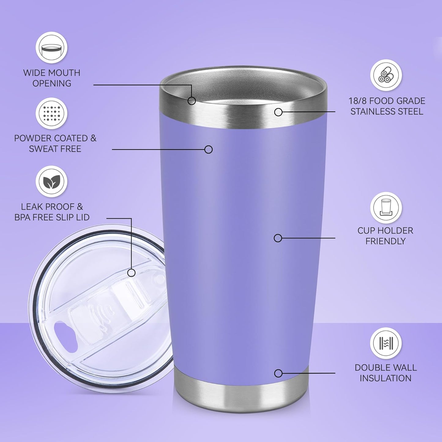 20 oz Tumbler Stainless Steel Tumblers Bulk with Lid Double Wall Insulated Coffee Tumbler Cups for Hot & Cold Drinks Powder Coated Travel Coffee Tumbler Mug Metal (Lavender, 6 pack)