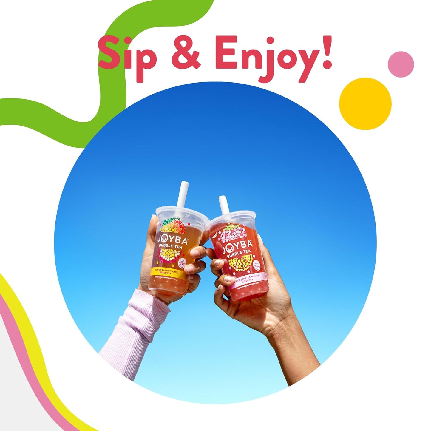 Joyba Bubble Tea Variety Pack, Mango Passion Fruit Green Tea & Raspberry Dragonfruit Black Tea with Popping Boba, 6 Pack, 12 fl. oz. Cups