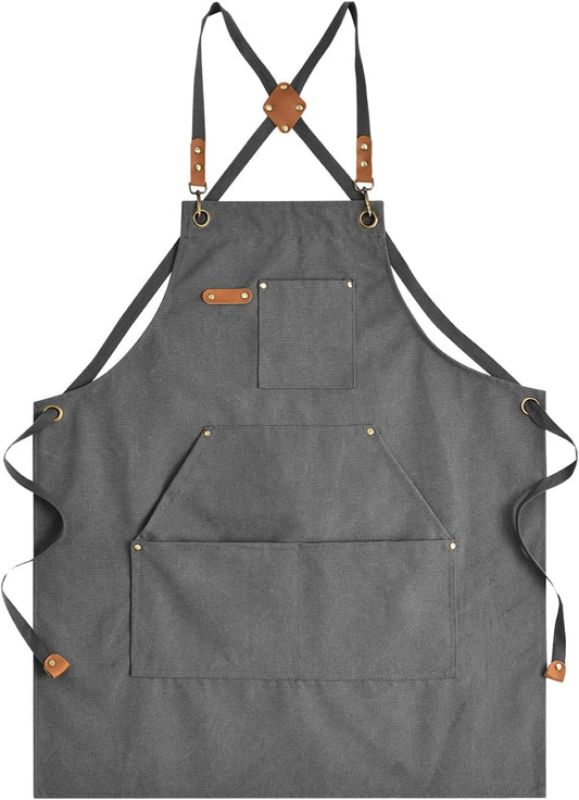 Canvas Aprons for Men Chef Apron, Work Apron with Large Pockets - 16oz Heavy Duty Cross Back, BBQ, Cooking