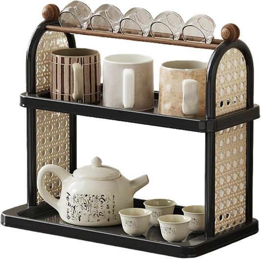 2-Tier Rattan Organizer Vintage Coffee Mug Cup Holder for Countertop Kitchen Bedroom and Living Room, Saucer Bottle Storage Kitchen Accessories (Black)
