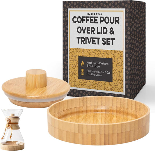 IMPRESA Coffee Pot Cover & Wooden Trivet Set - Chemex Compatible 6-Cup, 8-Cup Pour Over Carafe - Glass Maker Stand & Chemex Style Lid for Pour Over Coffee Systems