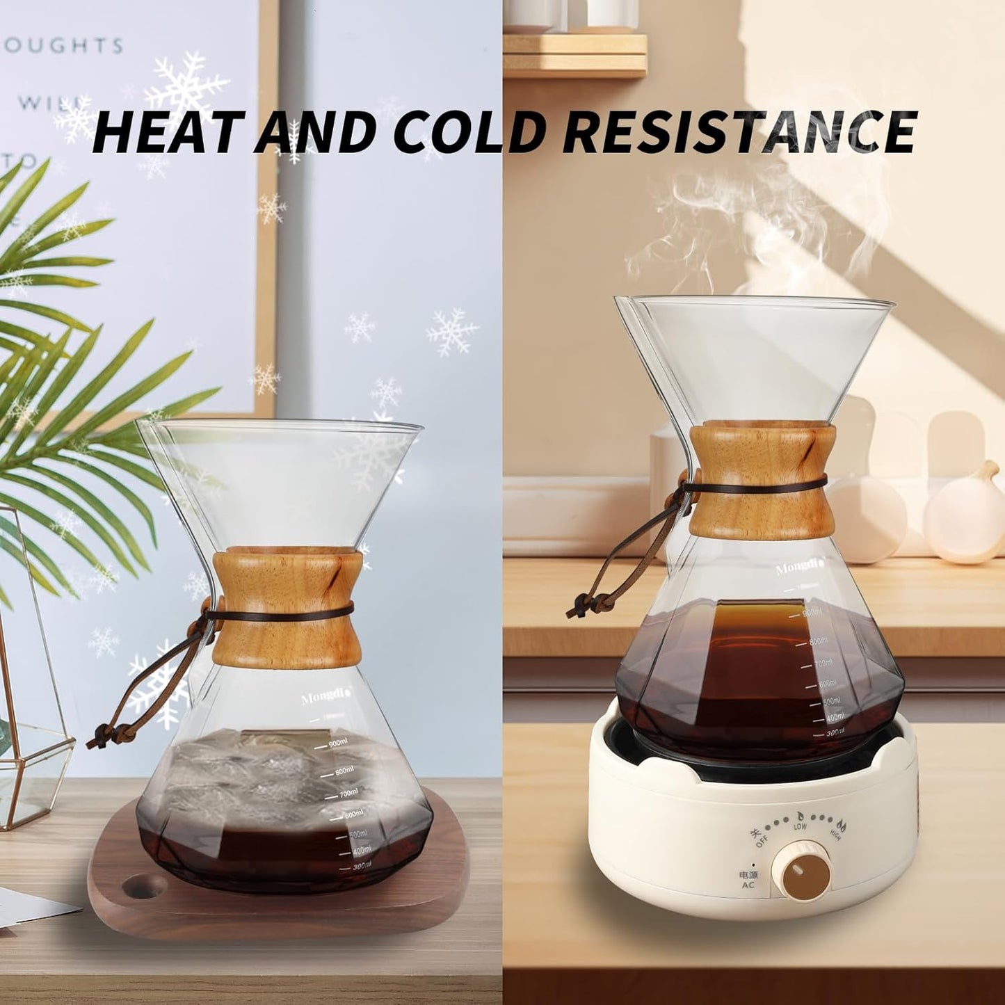 Mongdio 34oz/1000ml Pour Over Coffee Maker with Reusable Stainless Steel Filter and Wooden Collar Holder, 6-8 Cups Borosilicate Glass Coffee Maker for Camping Home, Clear