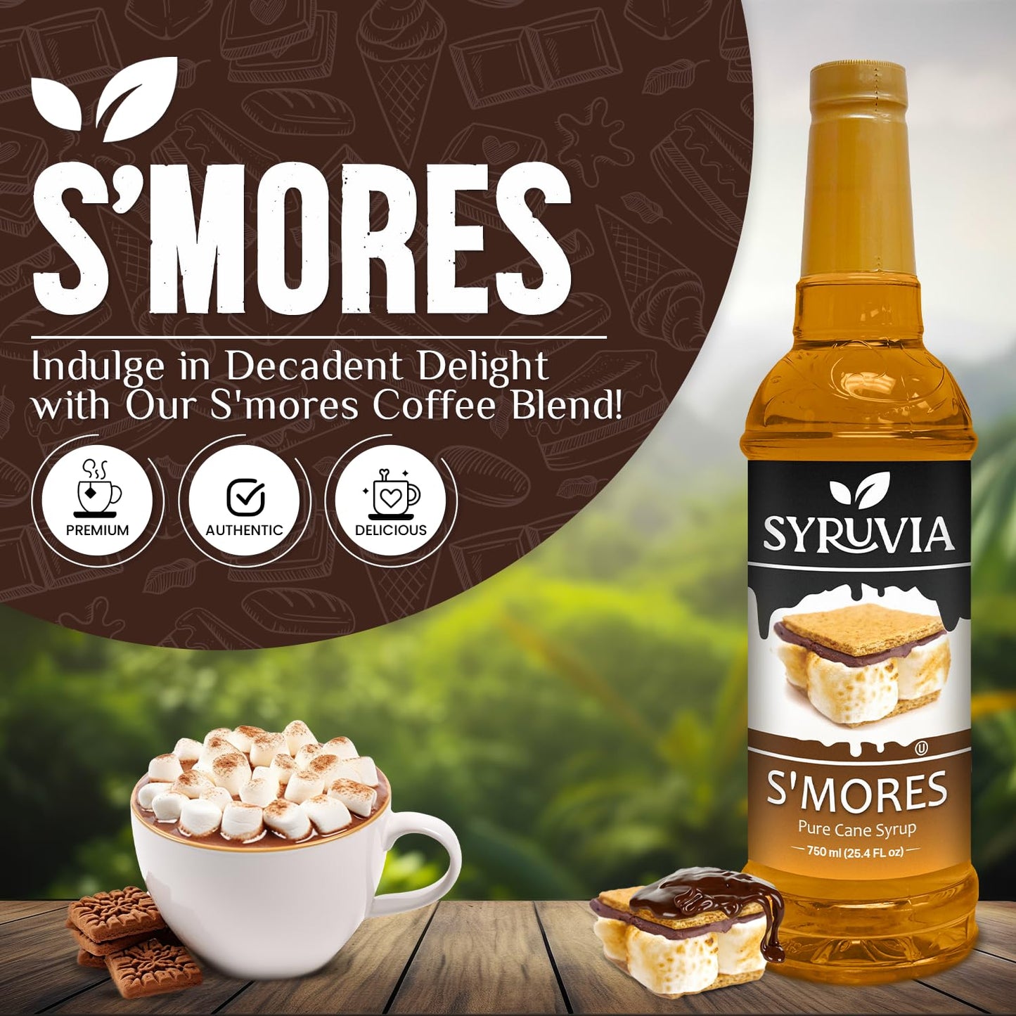 Syruvia S’mores Syrup for Coffee - 25.4 fl oz. Kosher and Gluten-Free. Perfect for Lattes, Smoothies, Shakes, Drinks, Desserts, and More.