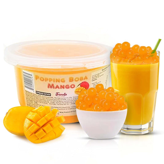 Fanale Mango Popping Boba Pearls, Vegan, Non GMO, Gluten Free, Fat Free, Perfect for Bubble Tea, Smoothies, Ice Cream, Desserts, and Beverages.