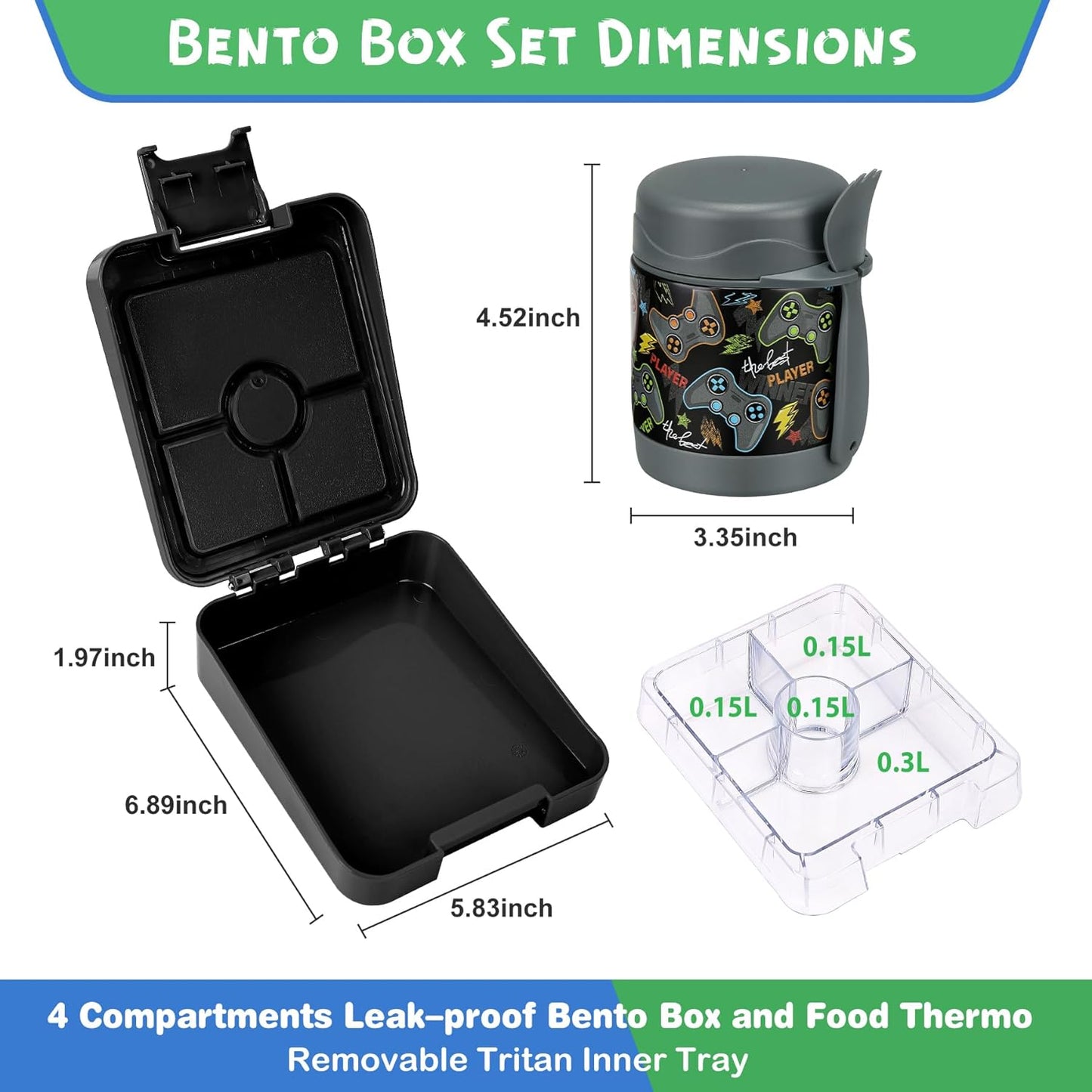 Bento Lunch Box Set With 10oz Soup Thermo, Leak-proof Lunch Containers with 4 Compartment, Kids Hot Thermo Food Jar/Insulation Lunch Bag, Food Containers for School (Black-Games)