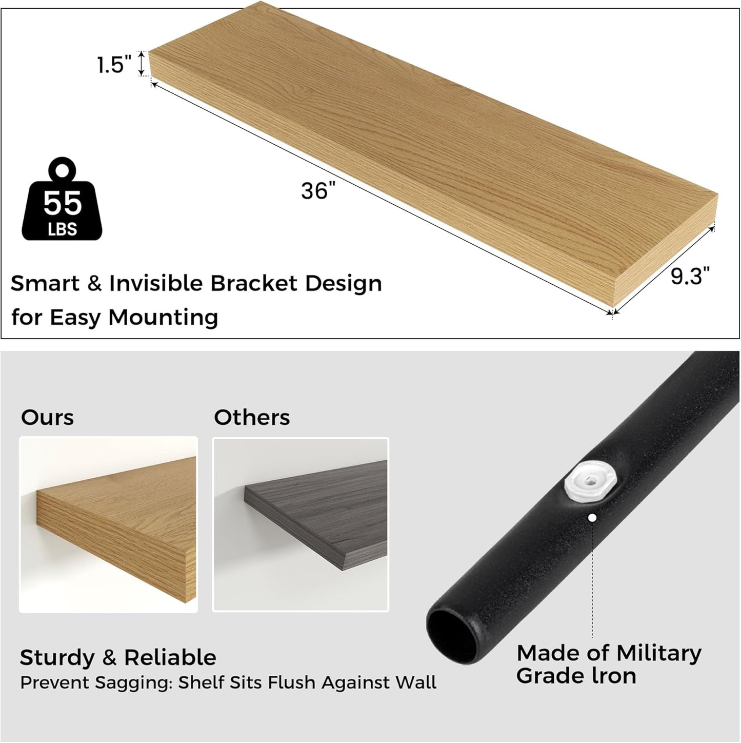Floating Shelves - 2 Large Wall Mounted Shelves with Invisible Brackets, Long Wood Floating Wall Shelf for Living Room, Bedroom, Kitchen (Oak, 36" W x 9" D x 1.5" H)