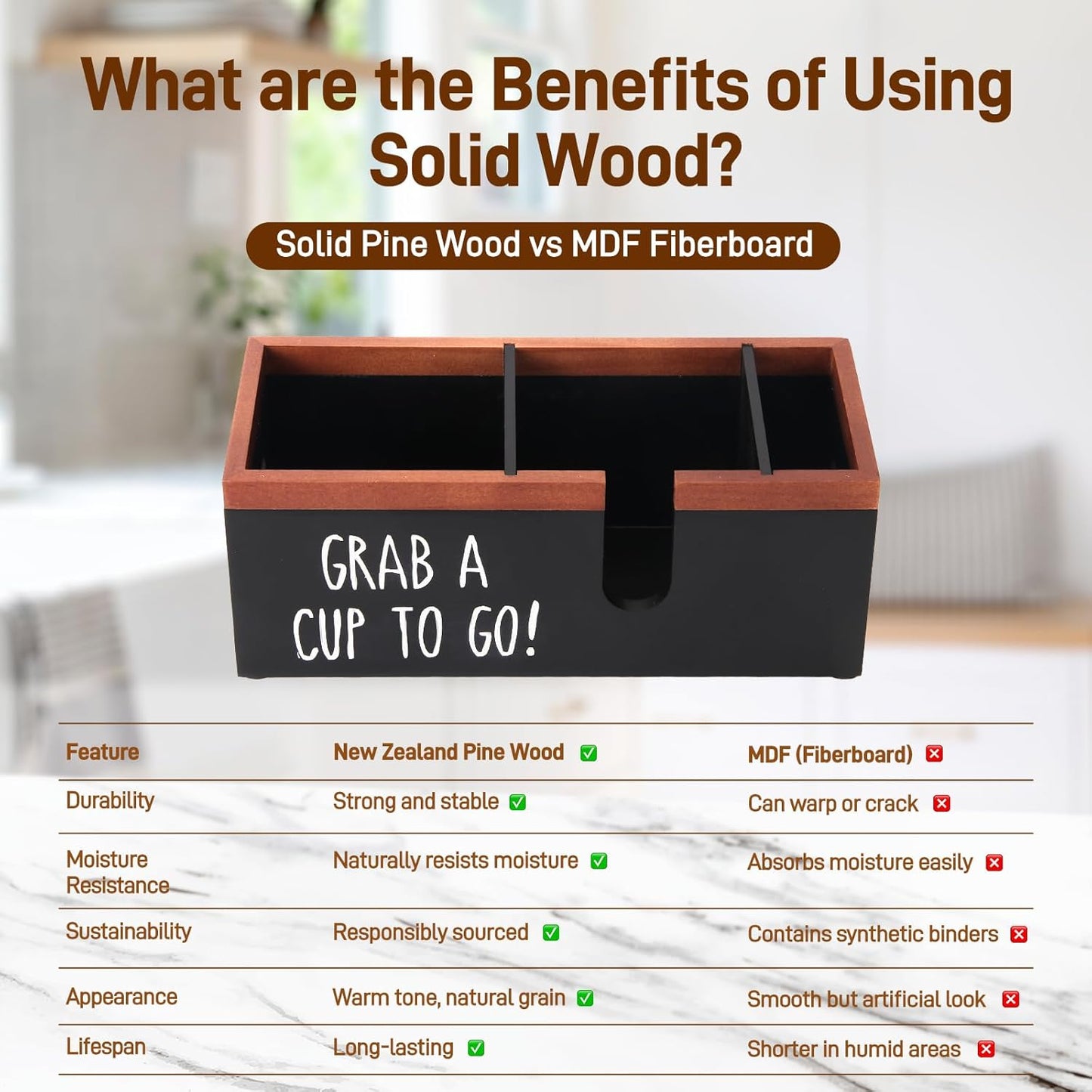 100% Wooden Coffee Cups Holder with U-Shape Cutout Design for Countertop-Coffee Bar Organizer for Cups, Lids, Pods, Stirrers, and Accessories, Great Gift for Home or Office