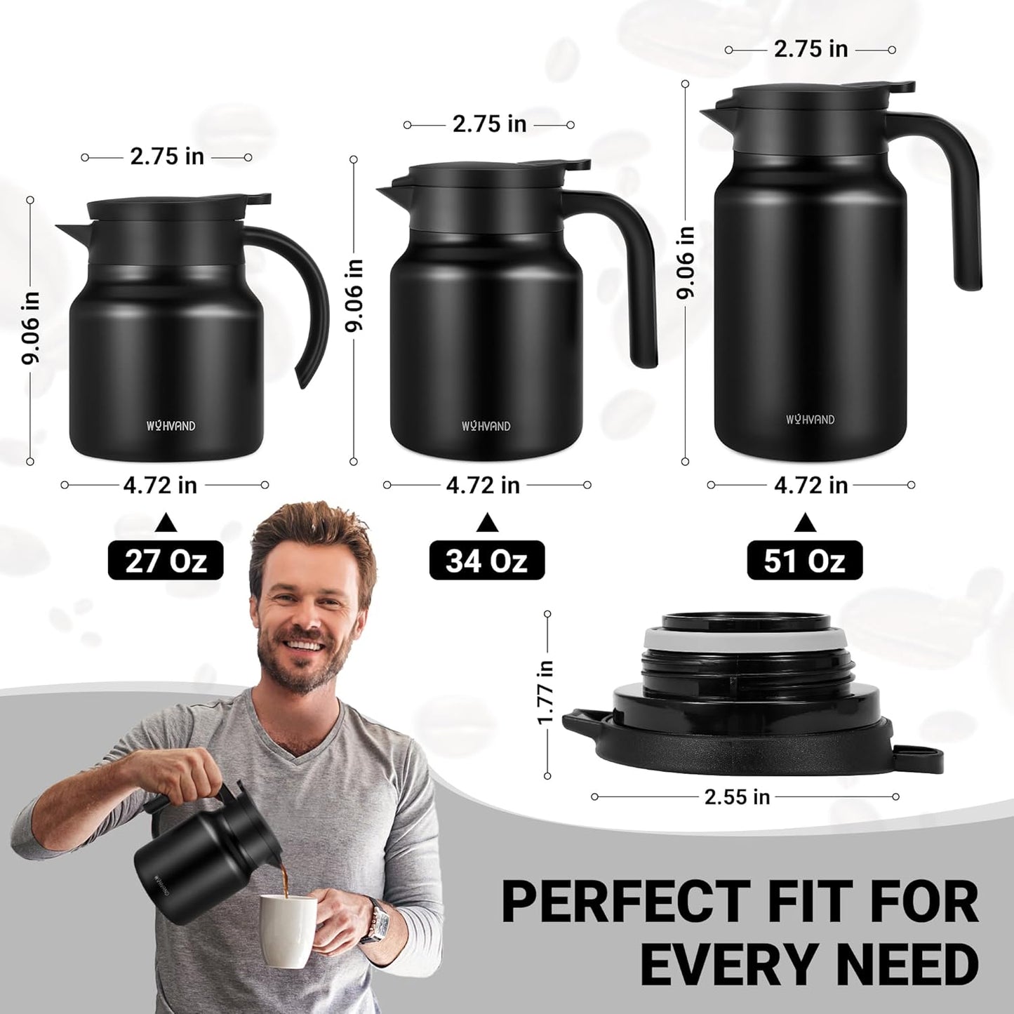 34Oz Thermal Coffee Carafes For Keeping Hot/Cold, Stainless Steel Coffee Carafe, Dustproof Insulated Water Carafe for Party/Home,Black