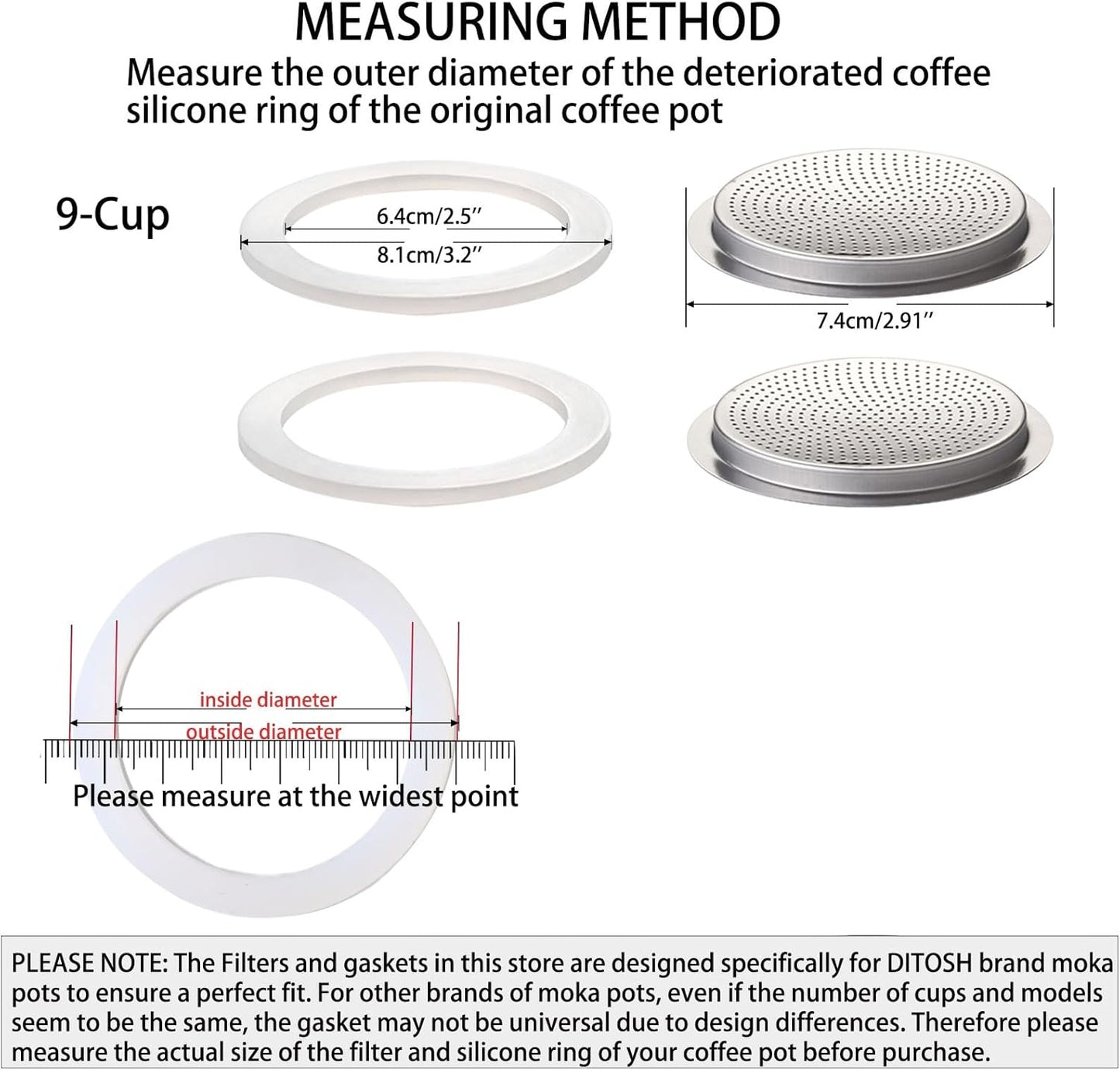 2 Pcs Filter with 3 Pcs Silicone Gasket Seals for 9 Cup Stovetop Espresso Coffee Maker Replacement Parts for DITOSH Aluminium Moka Pot