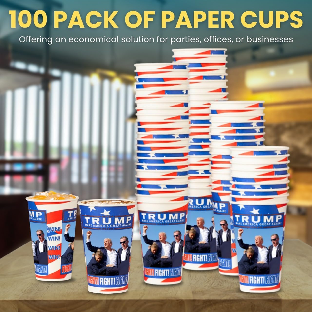 Smygoods Trump Design Disposable Paper Coffee Cups (16 OZ, 100 Count) For Hot Beverages, Tea, Espresso, Cocoa - To Go Drink Containers, Café & Office