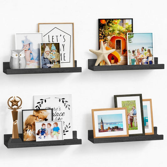 Forbena Black Picture Ledge Shelf, Floating Shelves with Lip for Wall, Small Wall Shelves for Bathroom Bedroom Kitchen Office Living Room Books, Art Pictures, Photo Frame, Plants (4-Pack, Real Wood)