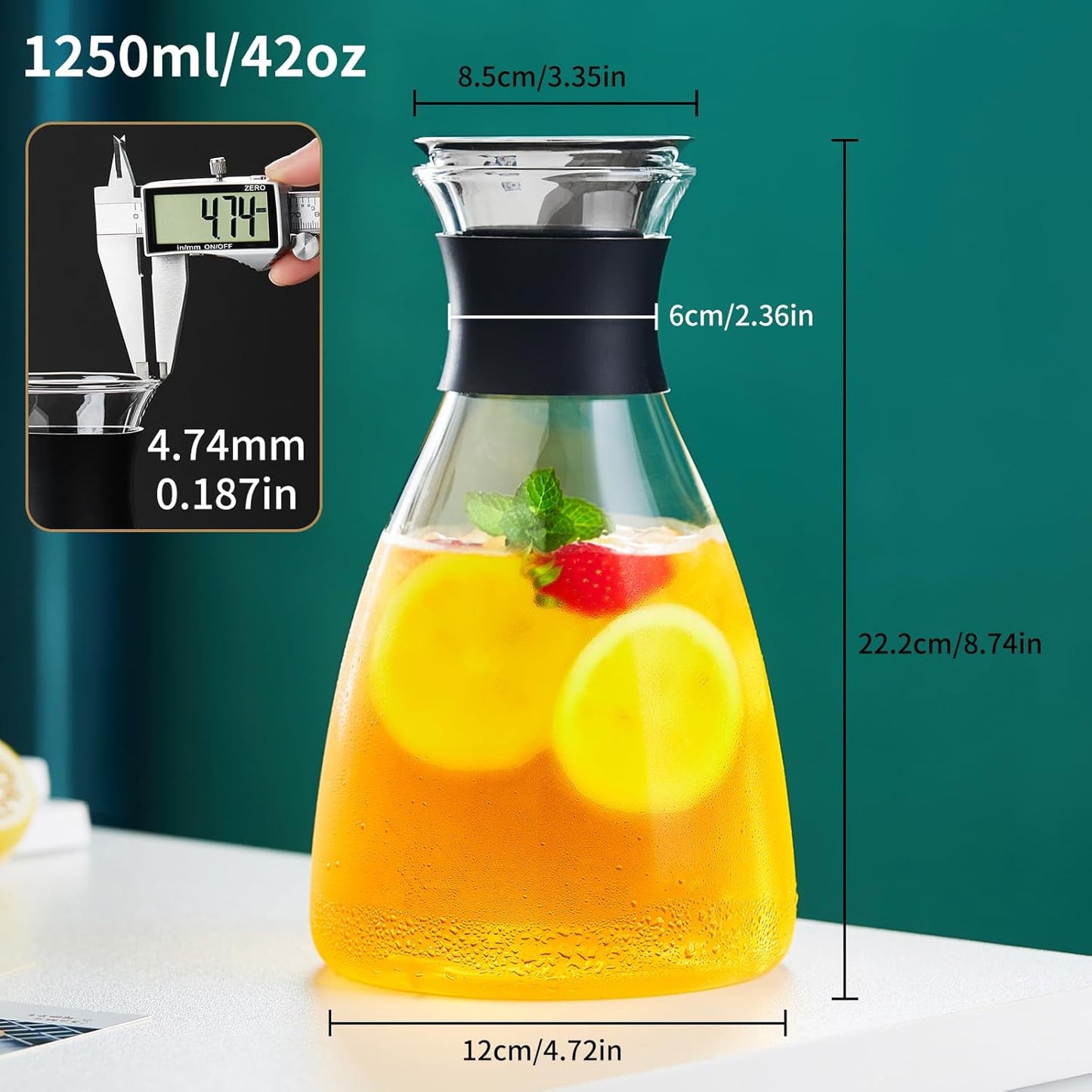 Glass Pitcher with Lid and Spout, 42OZ, Glass Water Jug for Fridge, Glass Carafe with Lid for Hot/Cold Water, Large Pitcher for Coffee, Juice,Homemade Iced Tea Beverage 1250ML