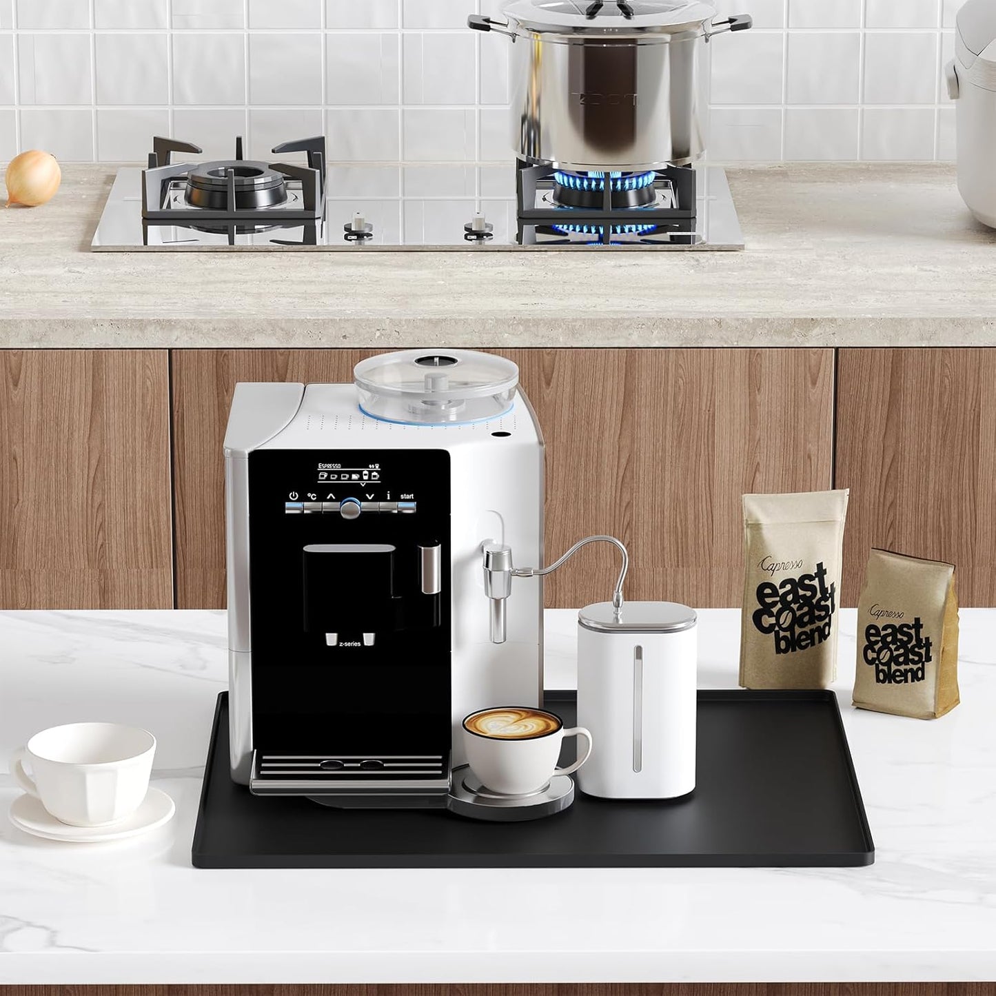 Silicone Coffee Mat with Raised Edges, 20'' x 15'', Keep Tidy for Countertops, Accessories Fit Under Coffee Maker Espresso Machine, Dish Drying Mat, Baking Mat (Black)