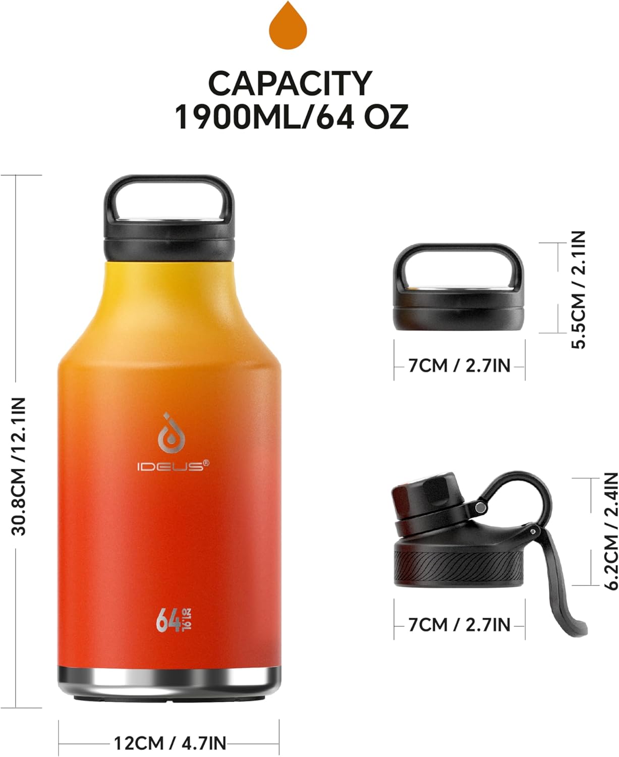 IDEUS Insulated Stainless Steel Water Bottle with 2 Leak-Proof Lids, Thermal Water Flask for Hiking Biking, 64oz, Yellow