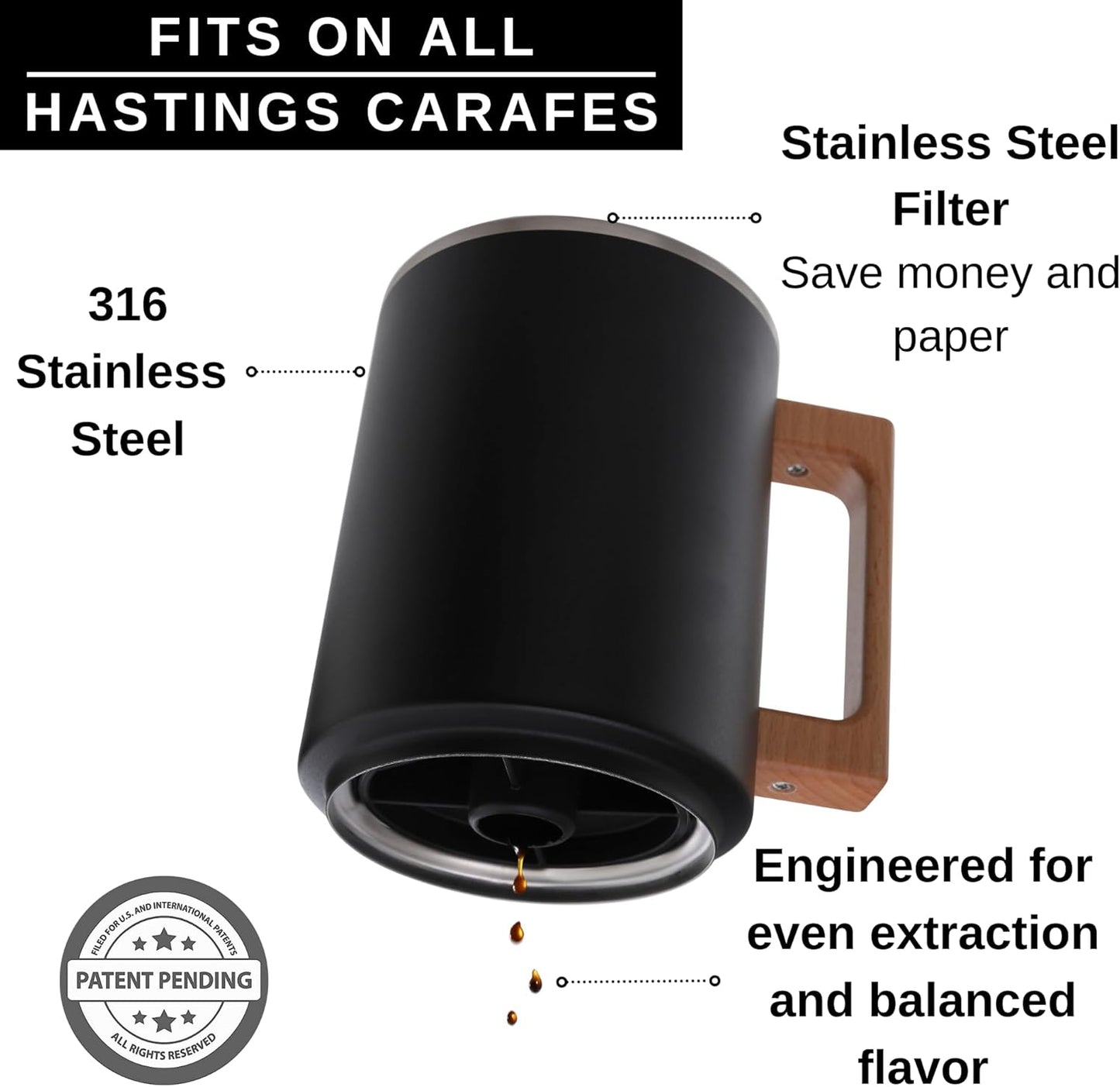 HASTINGS Pour Over Coffee Dripper - Stainless Steel Pour Over Coffee Filter, Metal Paperless Reusable Double Mesh Cone Filter with Wood Handle - Coffee Maker for Single Cup Brew up to 68 OZ (Black)