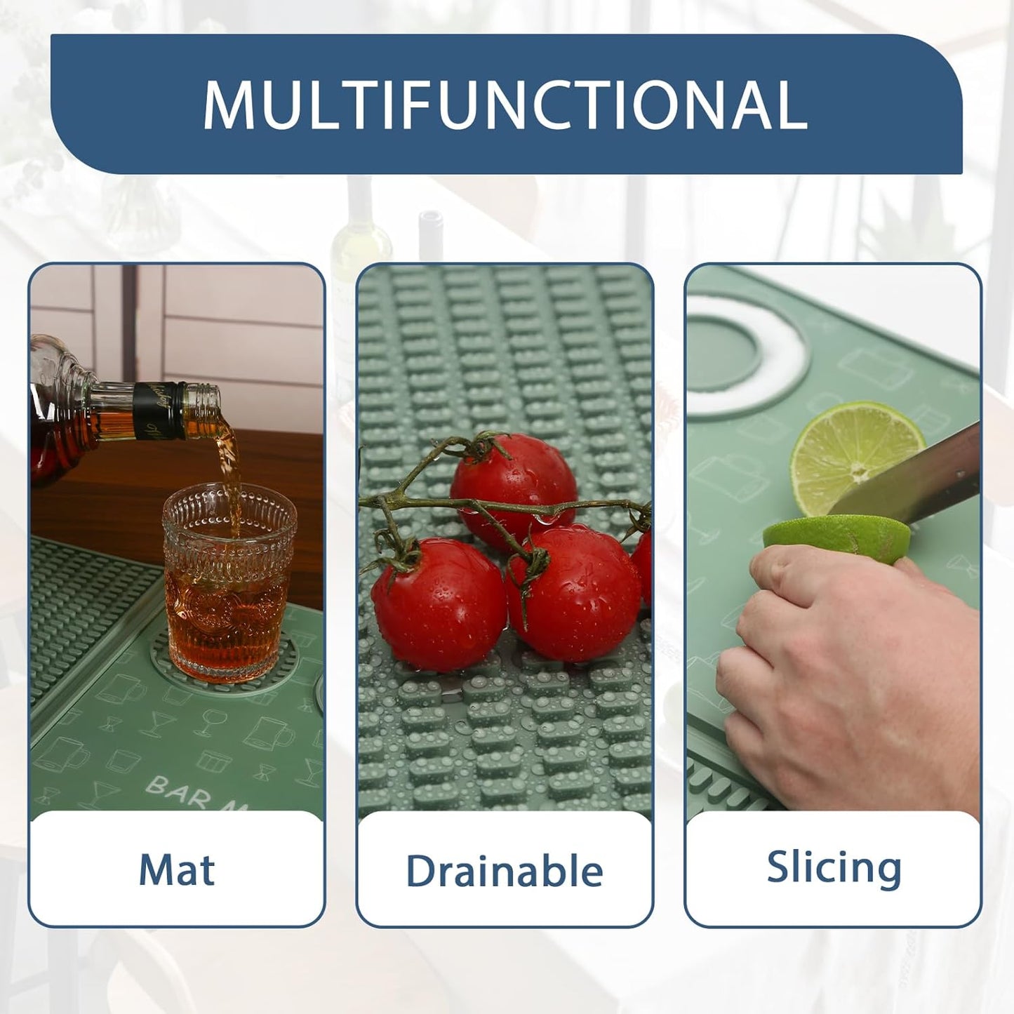 Foldable Bar Mat 18x12 inch - 3-in-1 Silicone Drying Mat with Removable Cutting Board & Rim Tray | Countertop Protector for Home, Outdoor, Travel | Professional Cocktail Accessories (green)