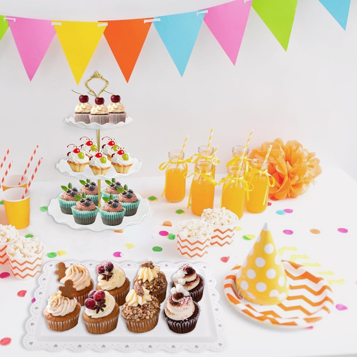 5 Pcs Dessert Table Display Set, White Plastic 2 Pcs Round 3 Tier Cupcake Stand Cup Cake Tower Stand with Metal Rod & 3 Pcs Serving Tray for Baby Shower, Tea Party, Wedding, Birthday Party