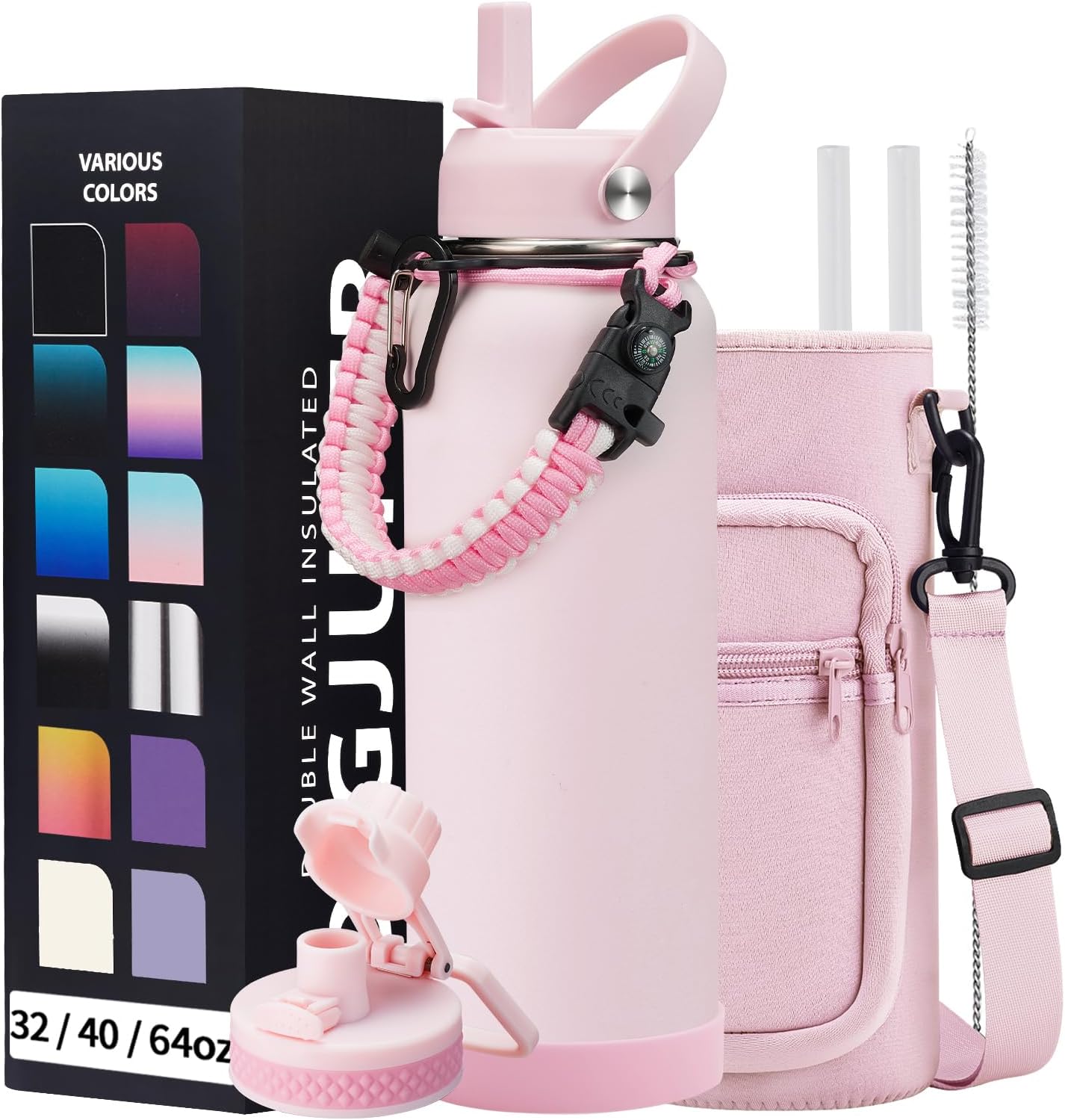 40 oz Insulated Water Bottles with Straw & Auto Chug Lid, Paracord Handle, Metal Flask Keep Cold-48H & Hot-24H, Double Vacuum Stainless Steel Travel Jug with Carrying Case for Gym Workout Running