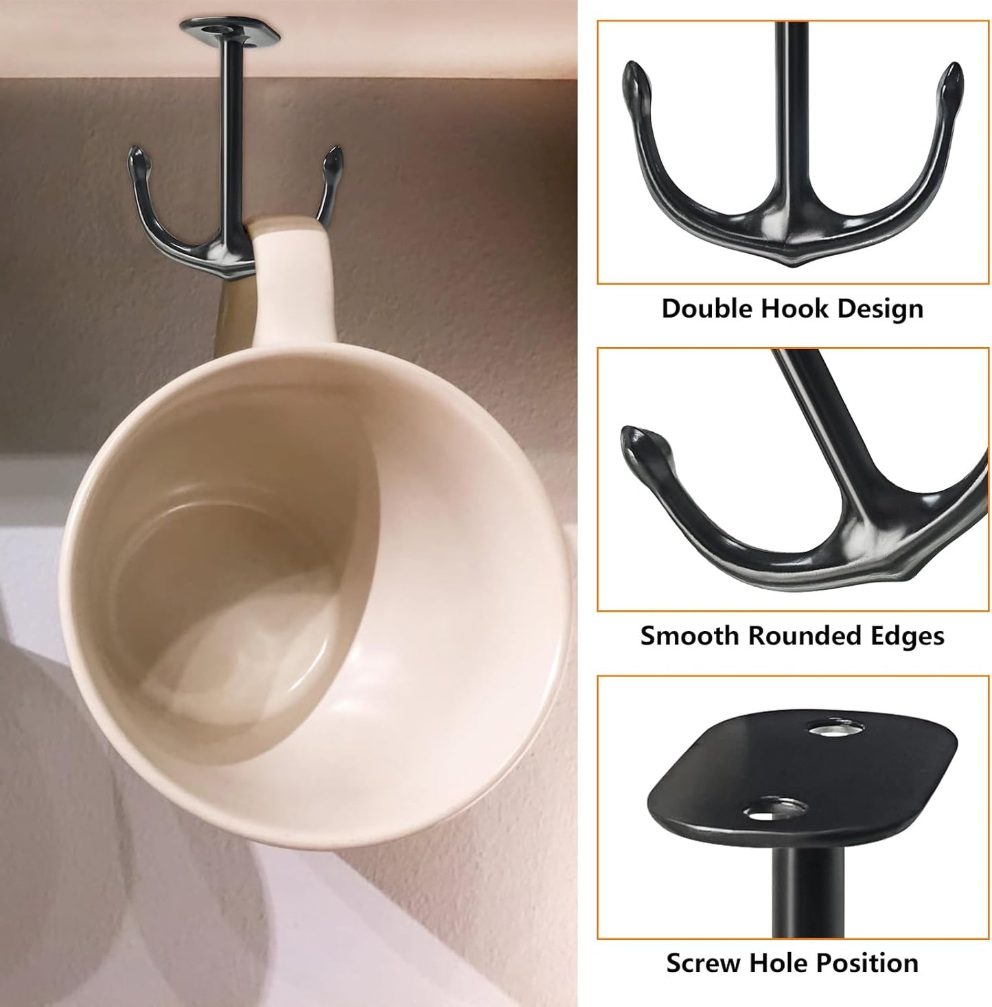 Anchor Shape Zinc Alloy Double Prong Ceiling Hooks, 4-Pack Under Shelf Coat Hooks Hanging Towel Robe Clothes Cap Bathroom Kitchen Cabinet Garage Use (Black)