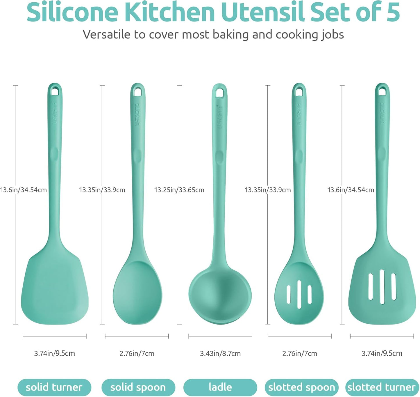 600ºF Heat Resistant Kitchen Utensil: U-Taste 13.6" Extra Long Silicone Cooking Tools Set, Food-Grade Non-Stick Solid and Slotted Turner Spatula, Mixing Spoon, and Soup Ladle (5 Pieces, Aqua Sky)