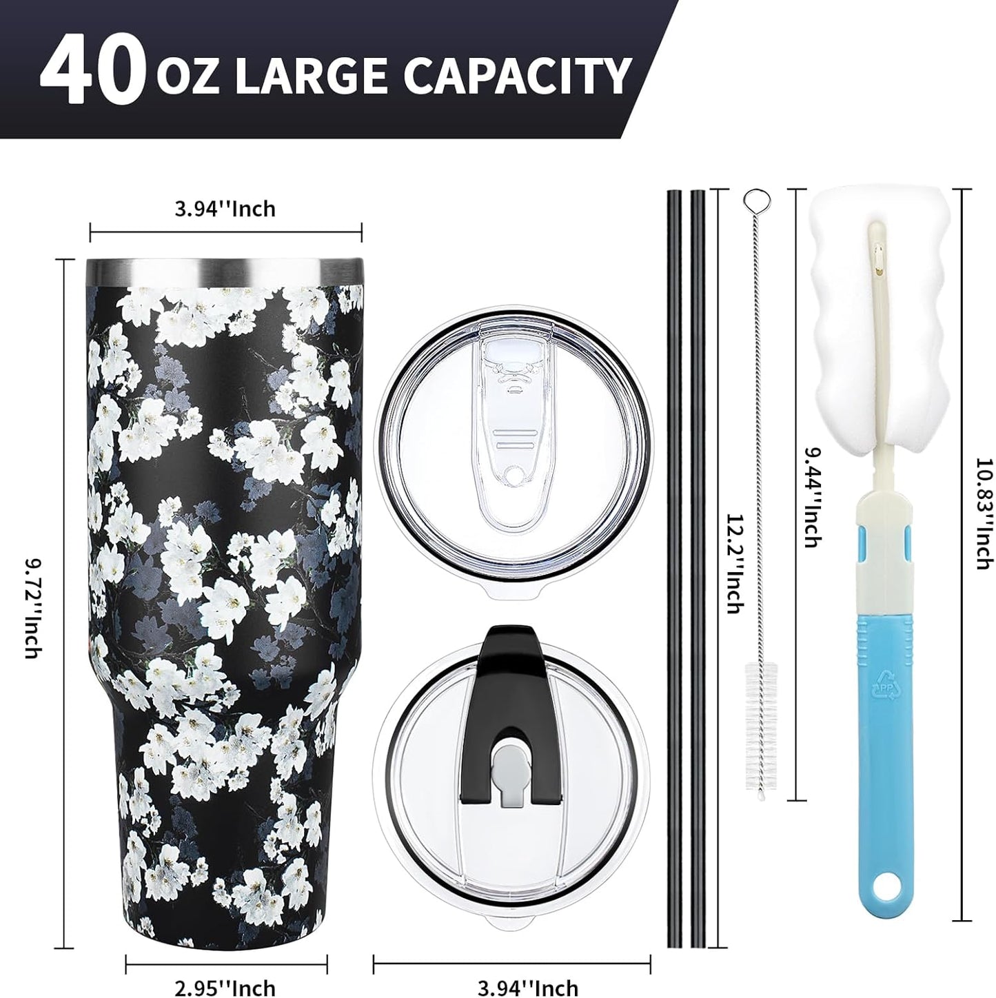 40 oz Tumbler with Lids and Straws, Stainless Steel Insulated Coffee Tumbler, Double Wall Vacuum Insulated Travel Mug Cup, Leakproof Thermal Coffee Cup for Hot and Cold Drinks (White Flower)