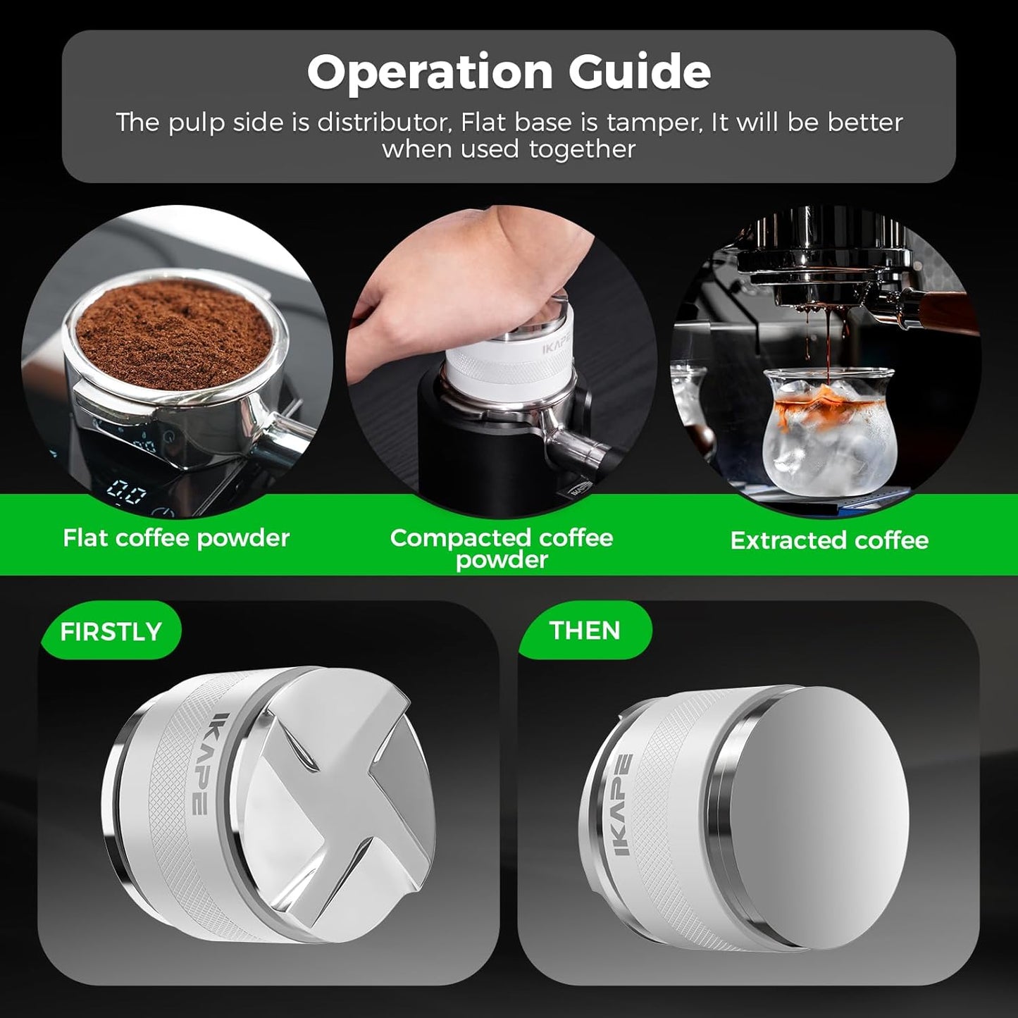 IKAPE Coffee Products, 53mm Coffee Distributor & Hand Tamper, Adjustable Depth Espresso Distributor Fits All 53mm Espresso Portafilter, Compatible with 54MM Breville Bottomless Portafilter (White)