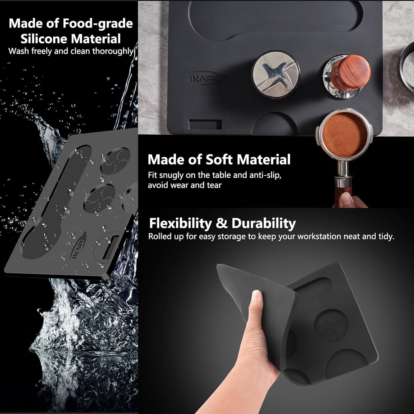 IKAPE Coffee Accessory Tool, Silicone Mat with Portafilter Holder, Espresso Tamping Station Mat, Distributor Food Safe & Non-Slip 11.61''x8.54'' (GJ-MAT)