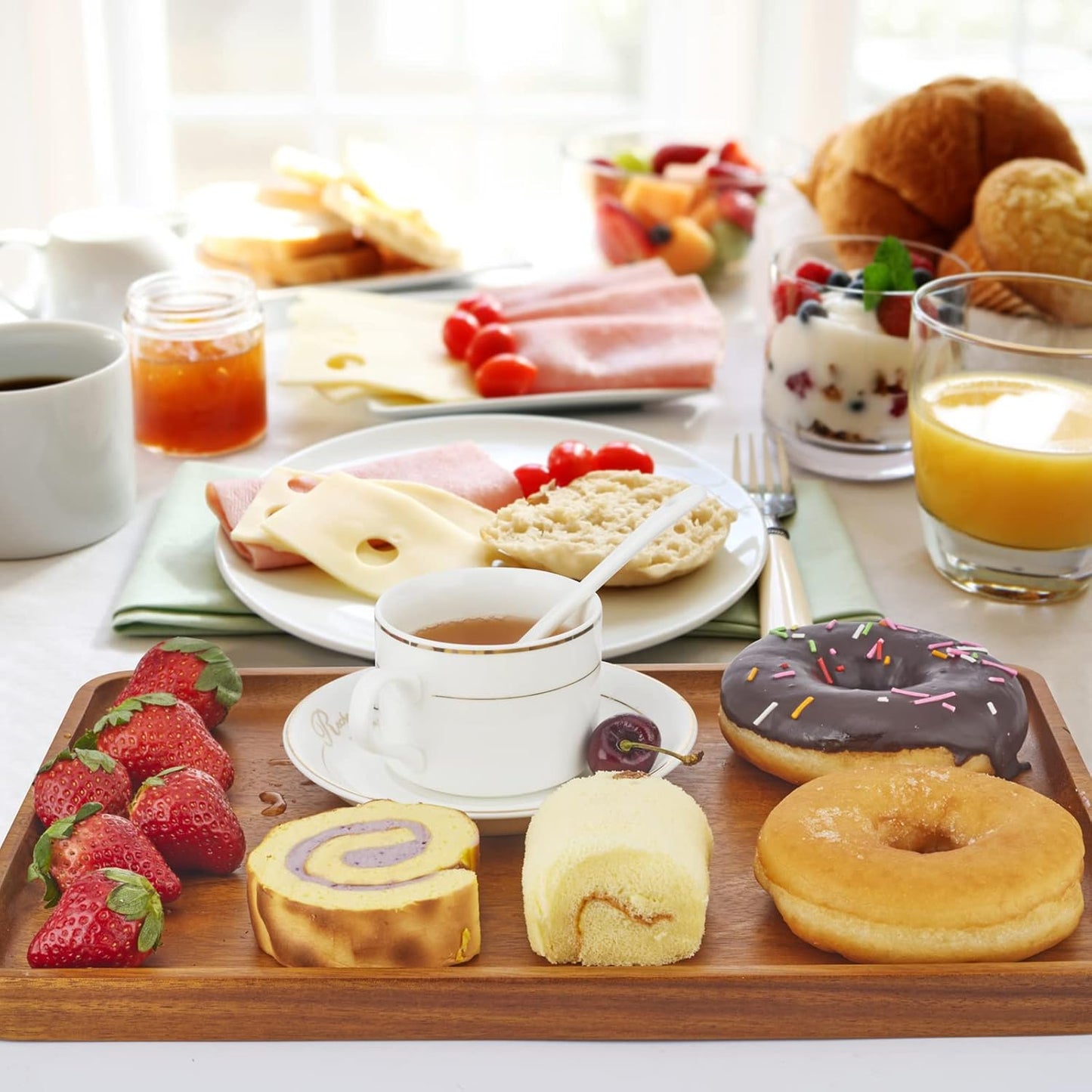 2 PCS Solid Acacia Wood Serving Trays 16 * 12 inch Rectangular Wooden Serving Platters Natural Wooden Boards for Bar Coffee Party