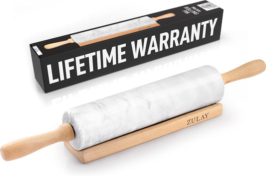 Zulay Kitchen 17-Inch Marble Rolling Pin With Stand - Polished Marble Rolling Pins For Baking With Long Beechwood Handle - Non-stick Roller Pin For Baking Pastries, Bread & Pizza