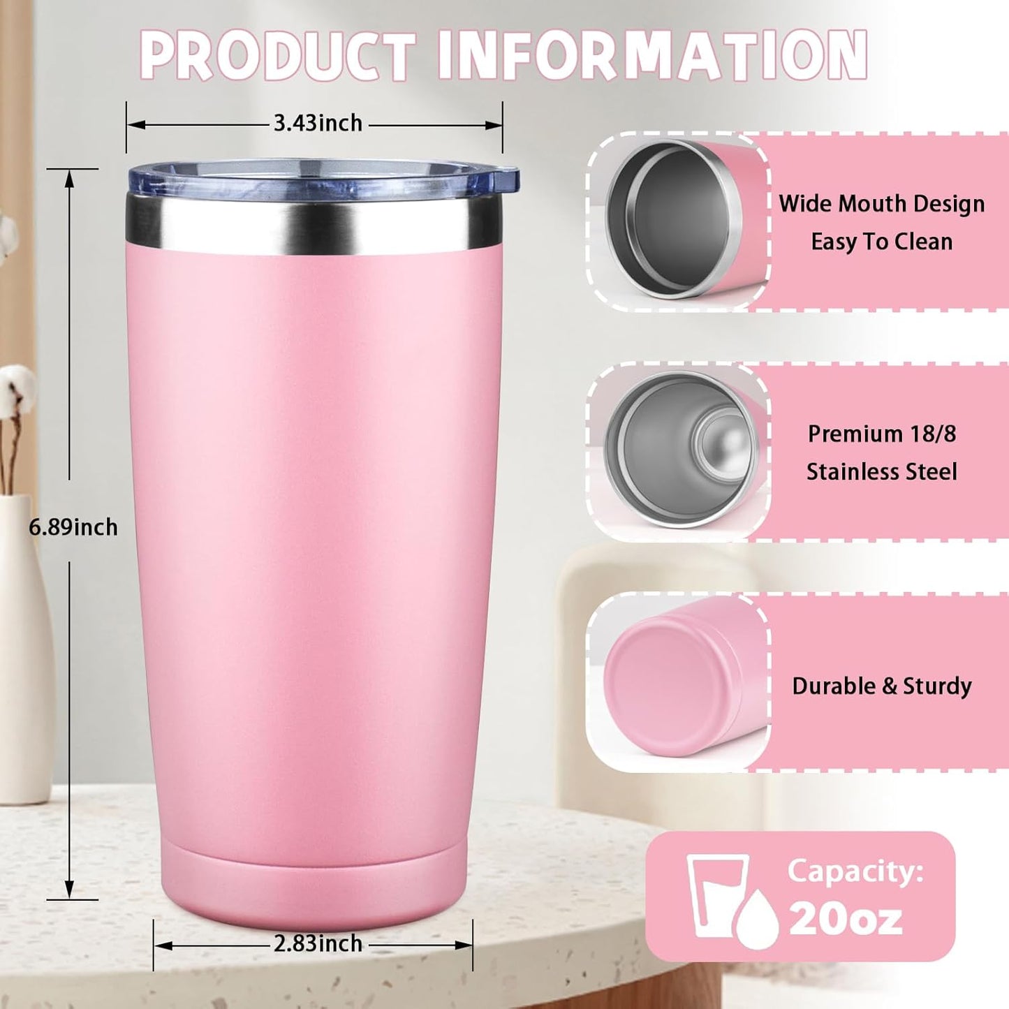 20 oz Tumbler with Lids and Straws, Stainless Steel Insulated Coffee Tumbler, Double Wall Vacuum Insulated Travel Mug Cup, Leakproof Thermal Coffee Cup for Hot and Cold Drinks (light pink)