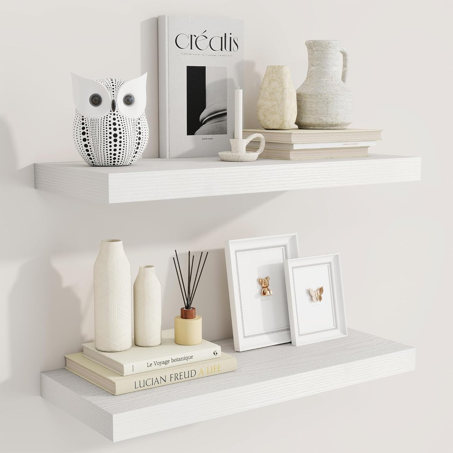 Fun Memories 24 Inch Floating Shelves for Wall, 9 Inch Deep White Rustic Wood Wall Mounted Shelves for Bathroom, Kitchen, Living Room, Set of 2