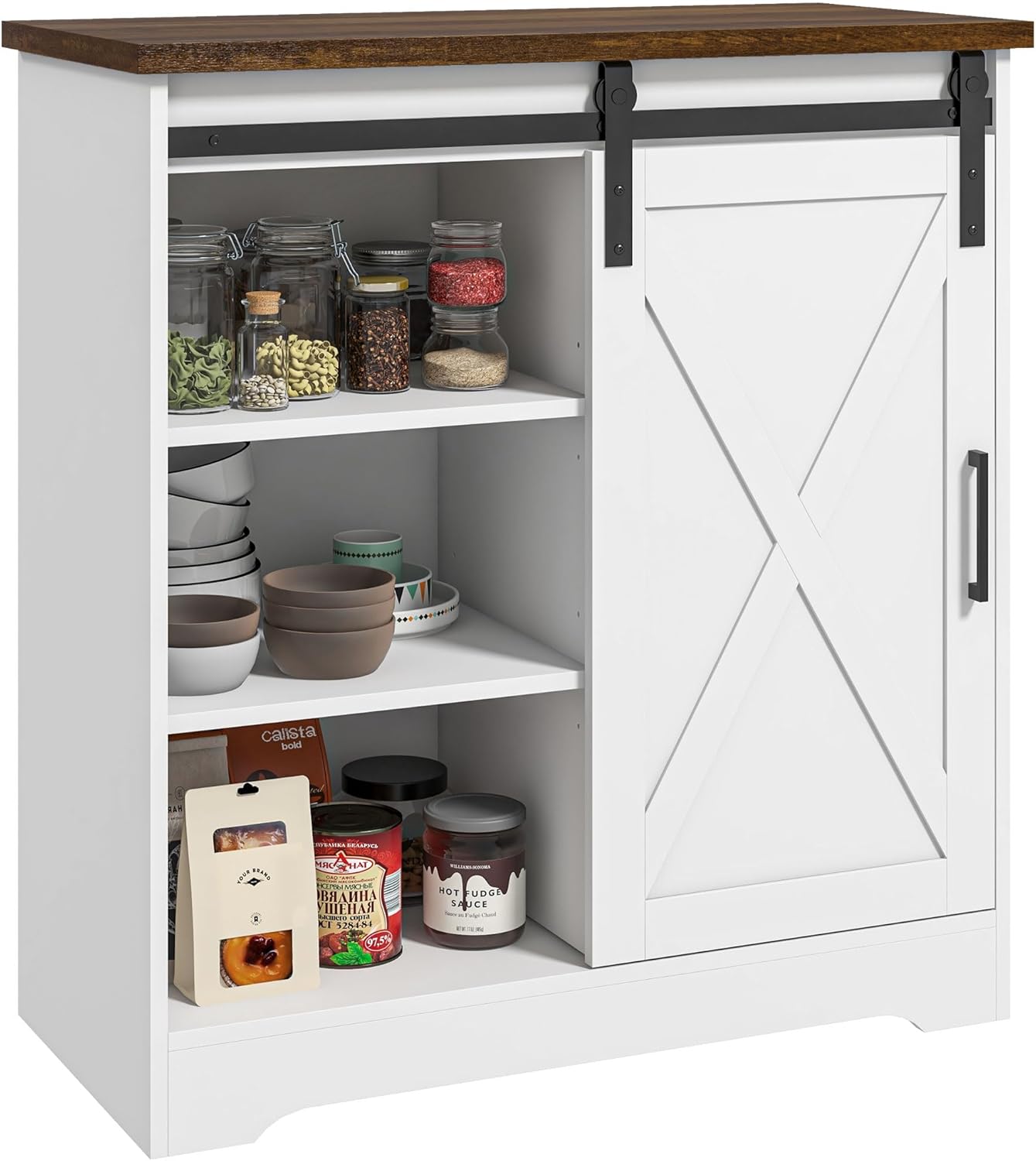 HOMCOM Farmhouse Coffee Bar Cabinet, 33" Buffet Sideboard with Sliding Barn Door and Adjustable Shelf, Kitchen Buffet Cabinet, White