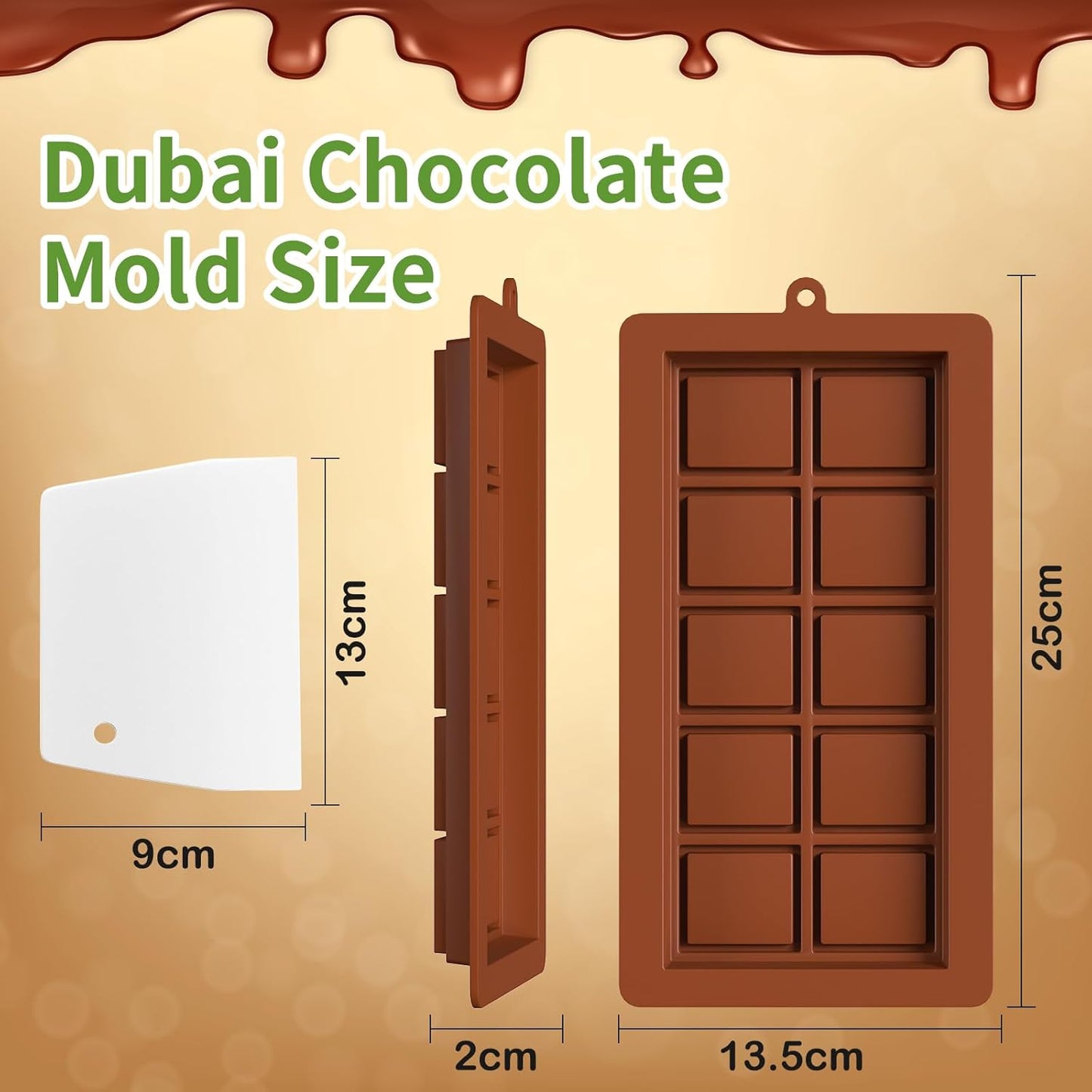 Dubai Chocolate Mold 2 Pack,0.79 Inch Deep Large and Thick Silicone Chocolate Bar Molds and scraper for Stuffed Bar,Big Chocolate Candy Bar Mold for Filling Knafeh Pistachio Kit