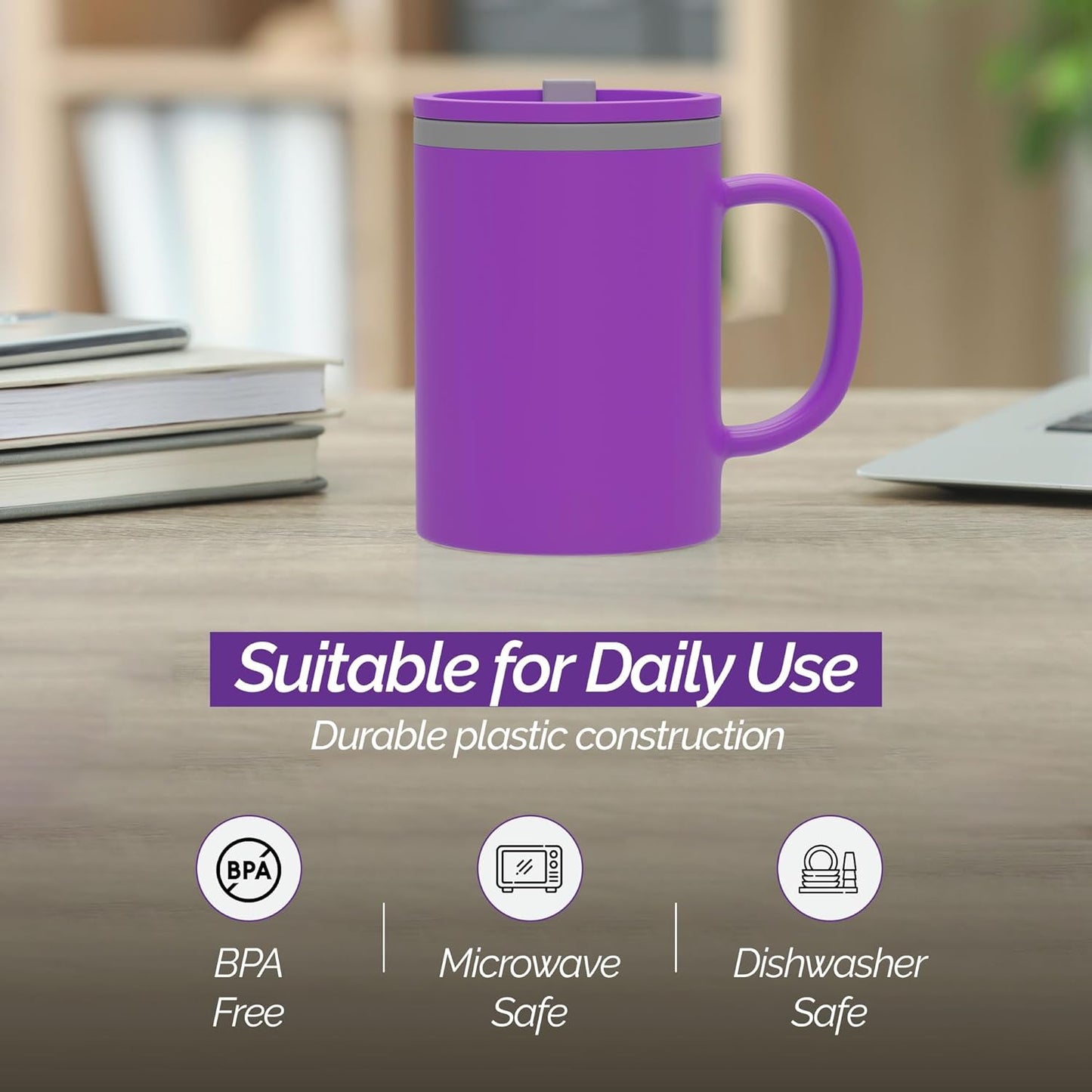 Copco Iconic 16oz Double Wall Insulated Desk Mug with Lid & Handle, Set of 2, BPA-Free Reusable Plastic, Spill-Proof, Microwave & Dishwasher Safe, Wide Mouth, Cup Holder Friendly (Purple/Light Purple)