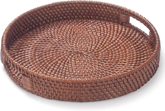 11.8 inch Round Rattan Tray, Decorative Coffee Table Tray, Ottoman Trays, Woven Serving Trays with Handles Wicker Serving Basket, Reddish-Brown