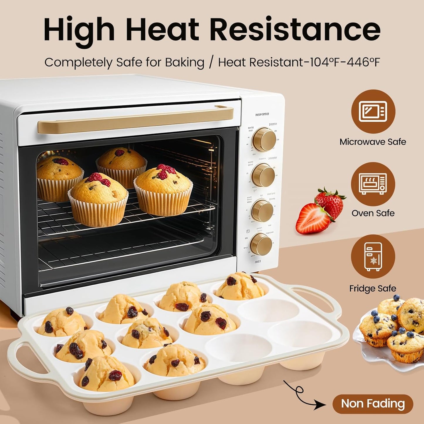 Silicone Muffin Pans for Baking 2 Pack, 2.6 Inch with Metal Reinforced Frame, Regular Size Nonstick Cupcake Pan 12 Cups for Baking Homemade Muffins, Dishwasher Safe BPA Free-Grey