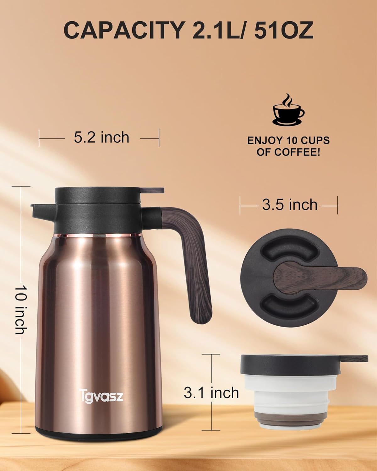 51 Oz Carafes for Hot Liquid, Stainless Steel Insulated Vacuum Thermal Coffee Carafes For Keeping Hot, 1.5 Liter Coffee Dispenser(Gold)