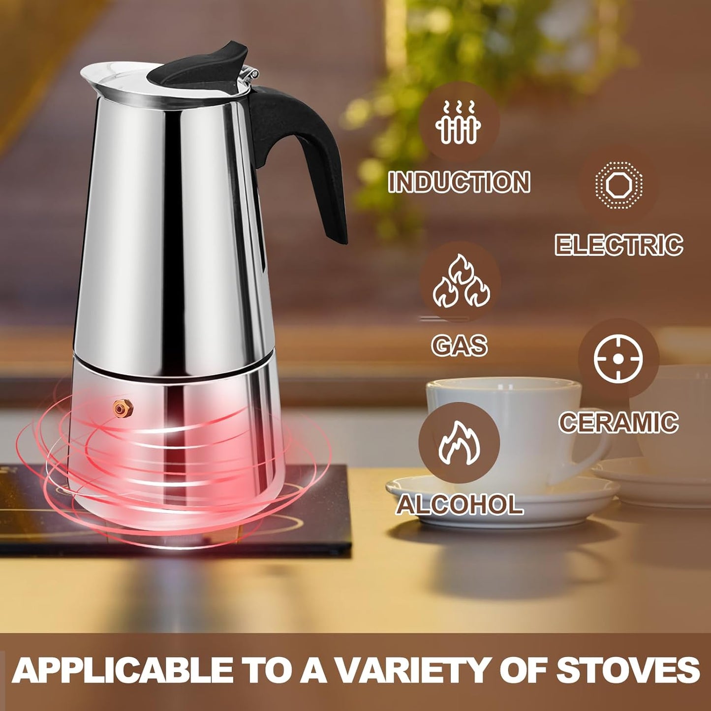 2 Cup Stovetop Espresso Maker Stainless Steel Moka Pot Stove Top Percolator Italian Coffee Makers Capable Mocha Greca Machine Cafe Classic Induction Cookers for Home and Camping 100ml 3.3oz