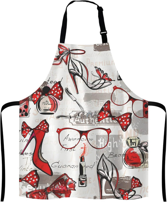Fashion Girl Apron, Watercolor Red Lipstick Perfumes High Heels in Vintage Background for Woman Unisex Kitchen Bib with Adjustable Neck for Cooking Gardening,Adult Size