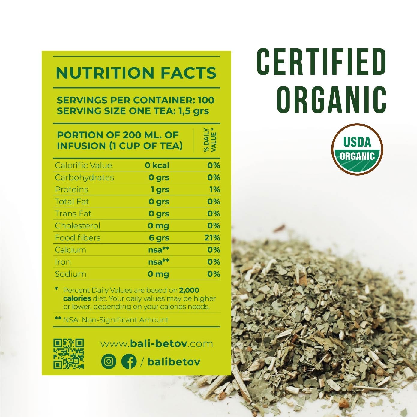 100 Unsmoked Organic Yerba Mate Tea Bags, Organic Yerba Mate Tea, Alternative to Tea, Coffee and Energy Drinks (100 Tea Bags (1 Pack))