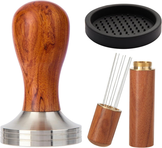53mm Espresso Tamper Kit, Hard Wood Espresso Tamper Tool & Powder Press Pad & 8-Needles Espresso Stirrers For 53 mm Portafilter