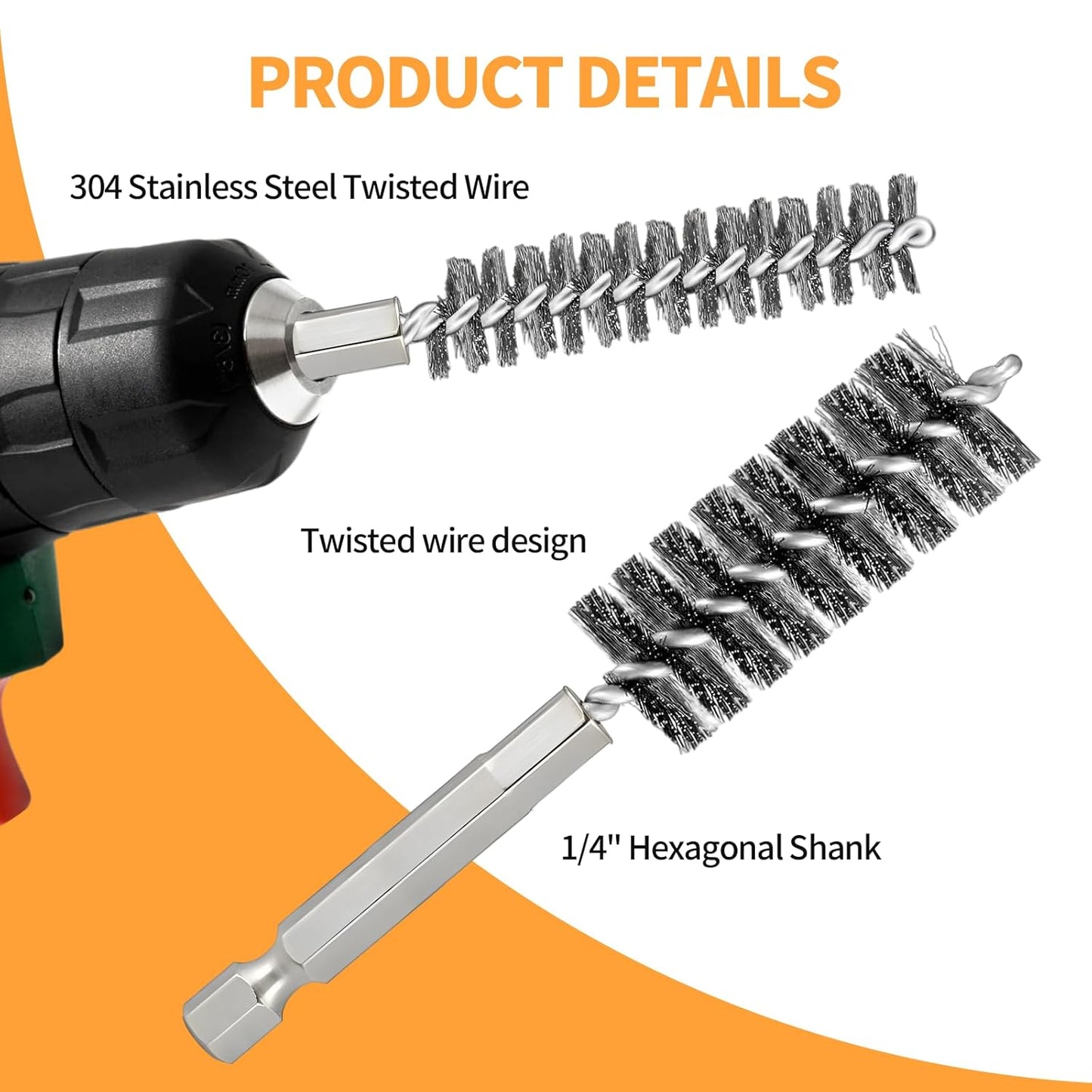 Bore Brush for Drill – 6pcs Stainless Steel Wire Tube Brush in Different Sizes, Twisted Wire Cleaning Brush with 1/4" Hex Shank, bore Brush Copper Pipe Cleaner for Power Drill & Tube Cleaning