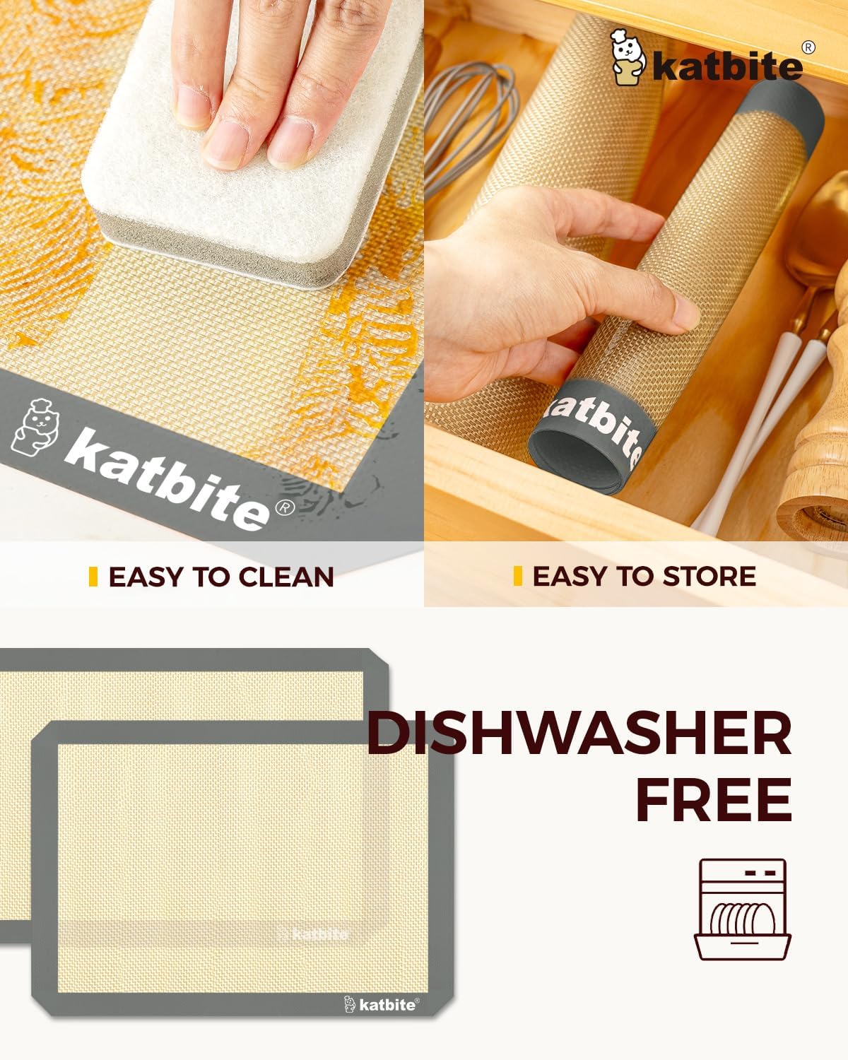 Silicone Baking Mat, Katbite Large Baking Mat Set of 3-2 Half Sheets Mats (11 5/8" x 16 1/2") + 1 Quarter Baking Sheets, Reusable & Nonstick Bakeware Mats for Cookies, Macarons, Bread and Pastry