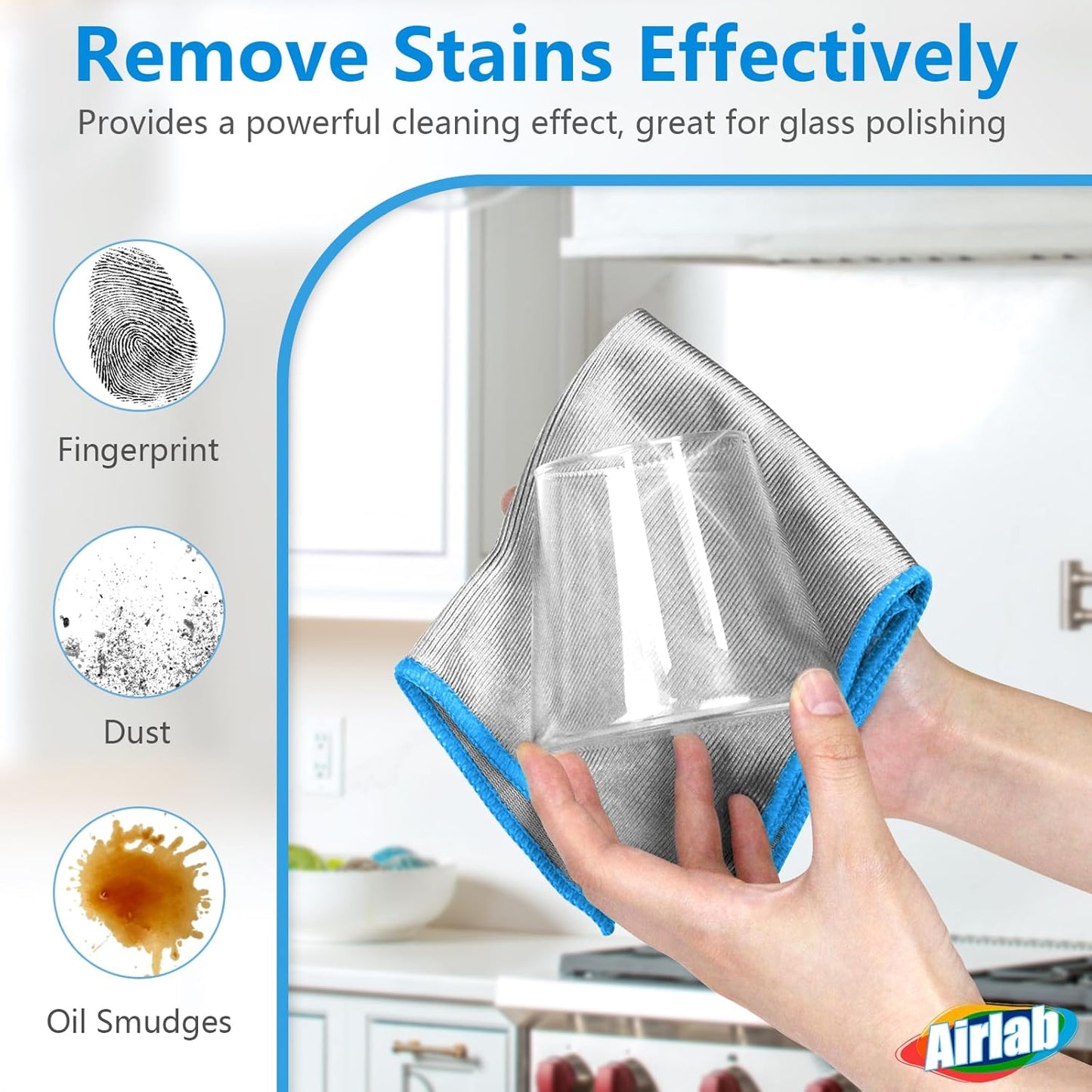 Glass Polishing Cloth Streak Free Miracle Microfiber Cleaning Cloth Lint Free Cleaning Rags for Glasses Kitchen Dish Mirrors Easy Clean, Pack of 6, 12" x 12", Sliver-Blue