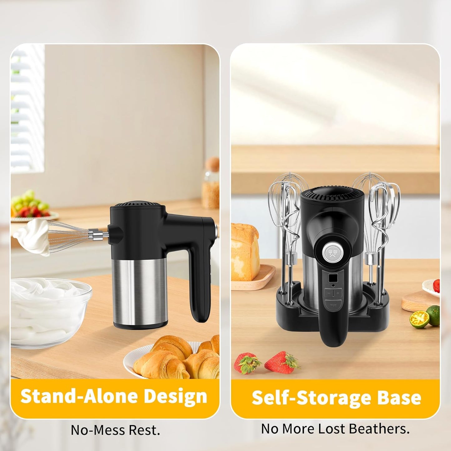 Cordless Hand Mixer, Digital Display 7 Speed Rechargeable Electric Mixer Handheld with 6 Stainless Steel Attachments Whisks Beaters Dough Hooks & Storage Base, Kitchen Blender for Baking, Eggs, Cakes