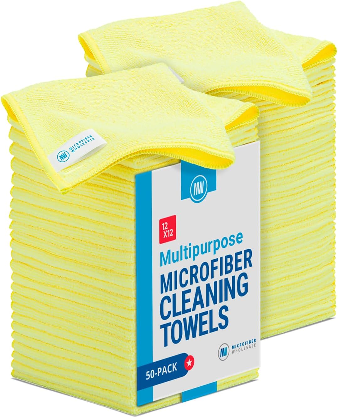 12" x 12" Microfiber Cleaning Cloths (50 Pack) - Reusable Towels, Wash Rags, Dust Cloth, All-Purpose: Kitchen, Dish, Cars, Shop, Glass (Yellow)