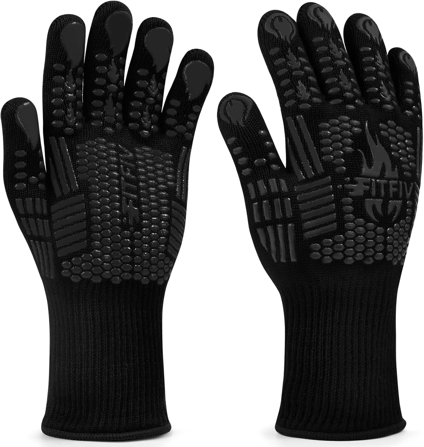 BBQ Gloves, Oven Gloves, Extreme Heat Resistant Barbecue Gloves, Silicone Non-Slip Oven Mitts, Kitchen Gloves for Cooking, Grilling, and Baking (Black)