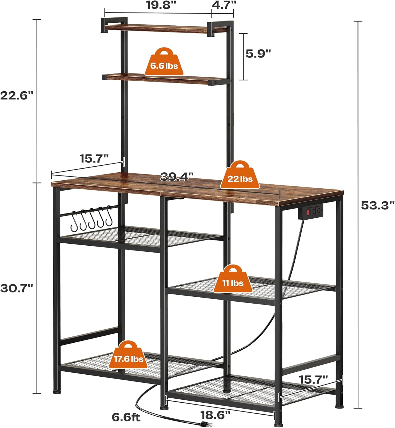 Huuger 39.4 Inch Bakers Rack with Power Outlets, Kitchen Microwave Stand with Storage, Coffee Bar with 4 Hooks, 3-Level Height Open Shelves, Rustic Brown