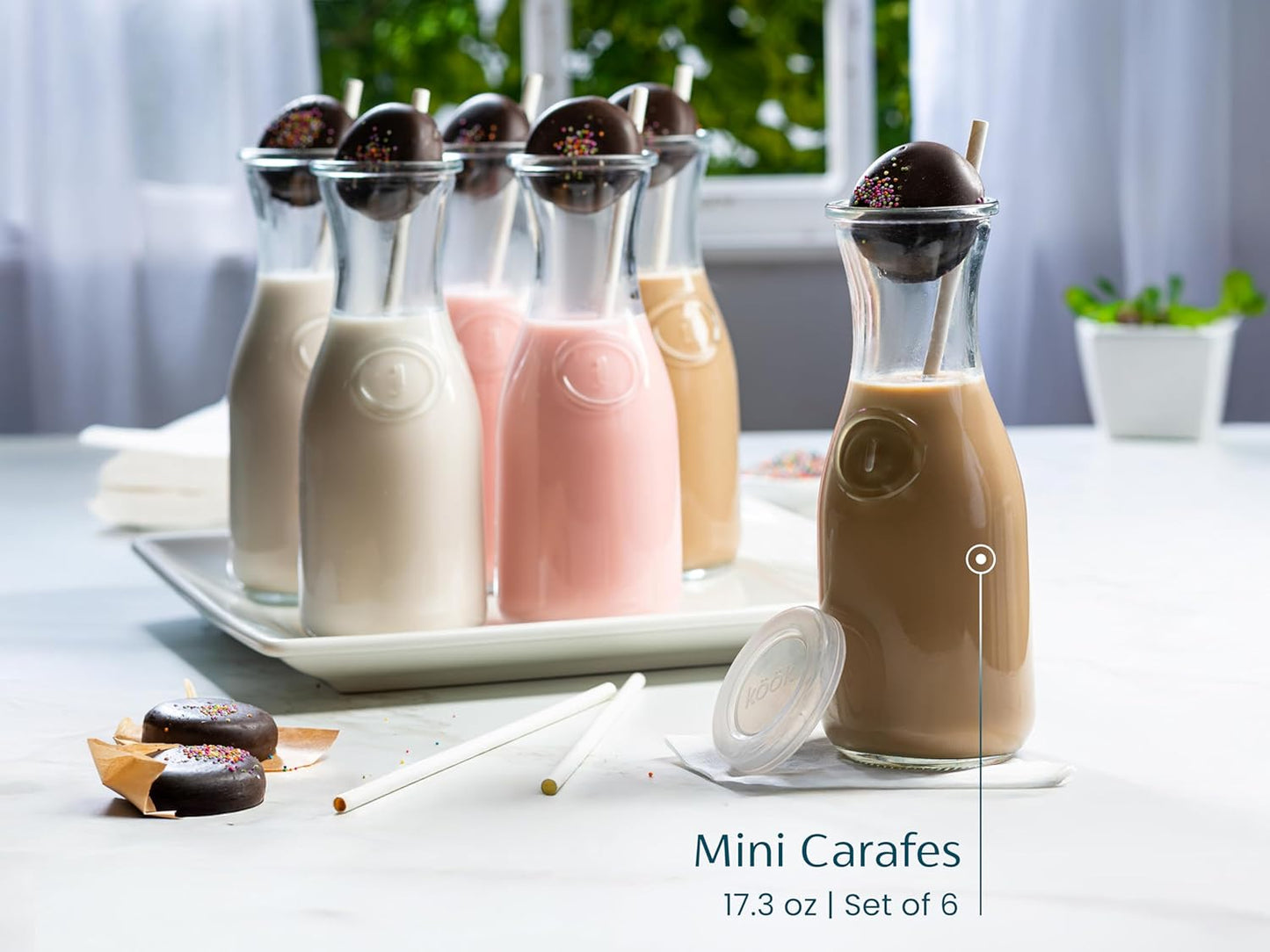 Glass Carafe Pitchers, by Kook, Mini Carafes- set of 6, Beverage Dispensers, Clear Jugs For Mimosas, Water, Wine, Milk and Juice, with Plastic Lids, Dishwasher Safe 17.3 oz